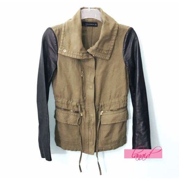 Zara Linen Lamb Leather Jacket Army Olive Green Utility Moto Edgy Biker Coat XS - Picture 8 of 16